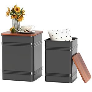 Set di 2 Pouf Industriali Impilabili con Coperchio Rimovibile, Struttura in Metallo Nero, Pouf con Vano Contenitore per Soggiorno - Product Image 1