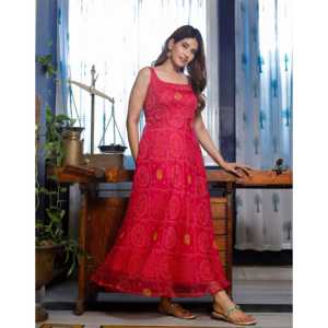 Vestido Livia Rosa Bandhani con Cuello Cuadrado, Tejido Transpirable, Silueta Holgada, Bordado para Ocasiones Diarias, Talla XS - Product Image 2