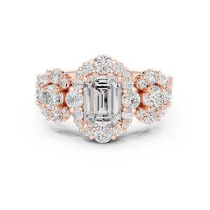 Anillo de Compromiso Art Deco con Moissanita Corte Esmeralda, Halo Floral Vintage, Piedras Laterales Redondas, Chapado en Oro, Acero Inoxidable, Unisex - Product Image 1