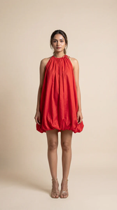 Trendy Women Solid <b>Balloon</b> Style Hot Red <b>Mini</b> Dress Cotton Summer Casual Short Dress Lightweight Breathable Party Wear Wholesale - Product Image 2