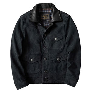 Veste en cuir de vachette suédée vintage pour homme, col rabattu, multi-poches, coupe classique, vêtement décontracté de style motard - Product Image 2