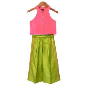 ชุดเซ็ตเสื้อแขนกุดคอ halter ผ้าทอ ความยาวระดับเข่า สีพื้น พร้อมกางเกง palazzo สีคอรัลและสีเขียวมะนาวสำหรับผู้หญิง - Product Image 1