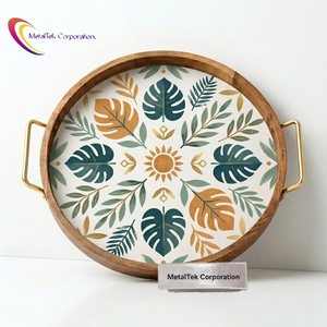 Round Wood <b>Tray</b> with Metal Handles Abstract Design Decorative Serving <b>Tray</b> Platter for Home Decor Wholesale Wedding Gift <b>Trays</b> - Product Image 5