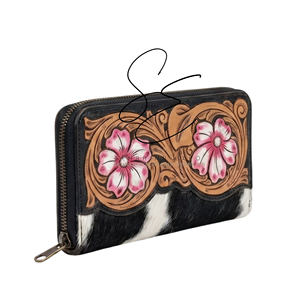 Elegant <b>Tooled</b> <b>Leather</b> Hairon Hide Clutch Zippered Wallet Pink Floro Handcrafted Cowgirl Evening Clutches Customised <b>Leather</b> Bag - Product Image 2
