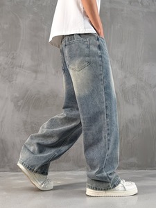 Jeans holgados de corte relajado con tono vintage para hombre |   Pantalones Vaqueros Anchos de Mezclilla Azul Retro |   Pantalones Casuales de Pierna Recta Estilo Skater - Product Image 5