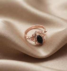 Women's 925 Sterling Silver Black Onyx Oval Marquise Bezel Setting Gemstone Vintage Filigree Scrollwork <b>Statement</b> <b>Ring</b> Rose Gold - Product Image 3