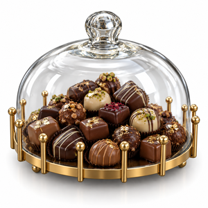 Plateau à chocolat rond en or de haute qualité avec dôme en verre pour restaurants, hôtels, mariages et événements, tailles et couleurs personnalisées disponibles - Product Image 1