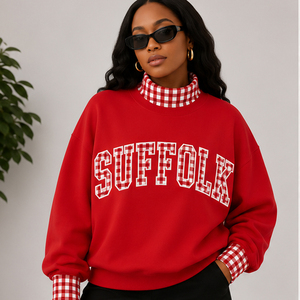 Sweat-shirt oversize pour femme, style universitaire, avec patchwork à carreaux et motif lettres, col rond, style preppy, en molleton à col montant à carreaux. - Product Image 6