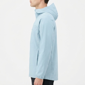 Men's <b>Light</b> Blue Hooded Canvas Softshell <b>Jacket</b> <b>Waterproof</b> Polyester Zipper Closure Sporty Style Winter Front Logo - Product Image 2