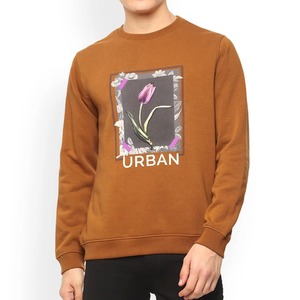 Custom Men Sweatshirt Tan <b>Brown</b> Urban Floral Graphic Print Crewneck Pullover Cotton Fleece Casual Streetwear Regular Fit OEM - Product Image 1