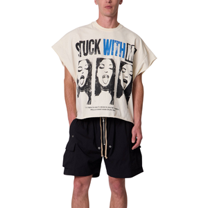 T-shirt sans manches col rond pour homme, coupe ample, motif graphique avant et arrière, épaules larges, style streetwear, vente en gros, personnalisable, OEM, en jersey de coton - Product Image 1