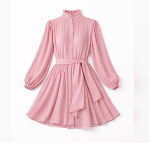 Vestido Midi Casual de Gasa Rosa con Cuello Alto, Plisado, Mangas Abullonadas y Cinturón, Estilo Holgado, Fabricante de Vietnam, Venta al por Mayor - Product Image 6