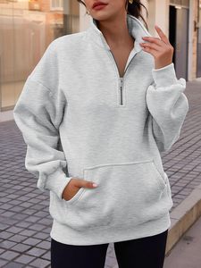 <b>Women's</b> Oversized <b>Quarter</b>-<b>Zip</b> <b>Sweatshirt</b> Solid Gray Drop-Shoulder Pullover With Pockets Knitted Cotton Blend Autumn Wear - Product Image 4
