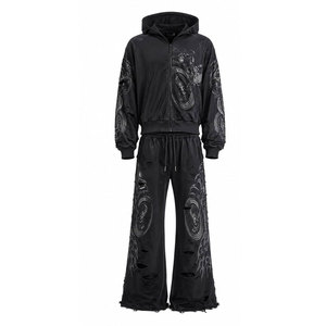 Ensemble de survêtement noir imprimé moto, sweat-shirt à capuche zippé à manches longues coupe ample et pantalon de survêtement streetwear pour adulte, automne - Product Image 2