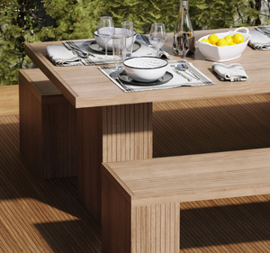 Ensemble de table à manger d'extérieur en teck massif moderne avec banc, finition naturelle, meubles de jardin pour villa, resort, café - Product Image 4