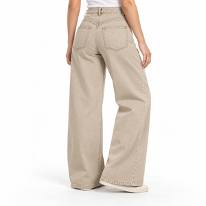 Jeans de mezclilla de cintura alta y pierna ancha para mujer, con doble arco en la espalda, color beige arena - Product Image 3