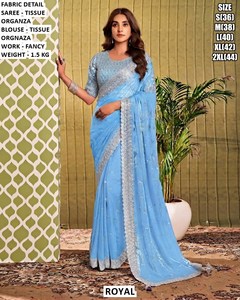 Sari en organza rose royal avec broderie argentée, chemisier assorti, tenue de mariage et de fête, sari indien élégant pour femme, coupe classique - Product Image 2