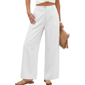 Pantalones anchos de cintura alta blancos para mujer, informales, de largo completo, de color liso, de algodón, de ajuste holgado, con cierre de botón, parte delantera plana, pantalones de verano - Product Image 1
