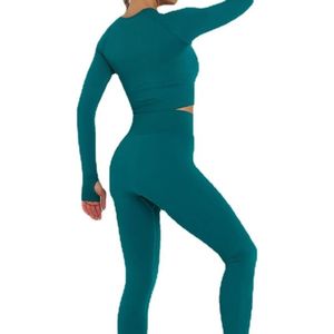 Ensemble de yoga vibrant 2 pièces pour femme : haut à manches longues et tenue de yoga sans couture taille haute, couleur turquoise - Product Image 2