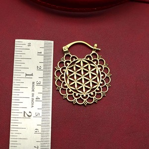Antique Gold Plated Brass Circular Earrings With Floral Etching Design For Wedding Decoration - Product Image 2