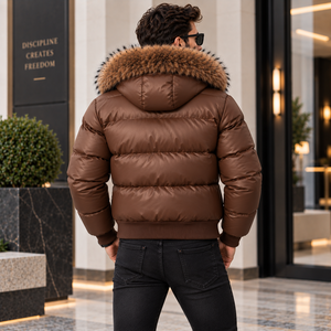 Men's Breathable Plaid Pattern Puffer Jacket Hooded Leather | Giacca Trapuntata Uomo | Chaqueta Acolchada | Veste <b>Matelasse</b> | - Product Image 4