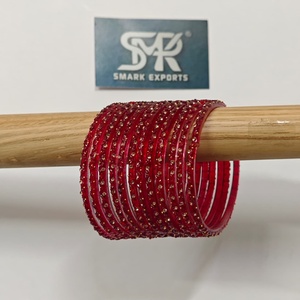 Luxury <b>Ruby</b> Red Glass Bangles Set with Crystal Stone Work Handmade Traditional Indian Bridal Jewelry for Women - Product Image 5