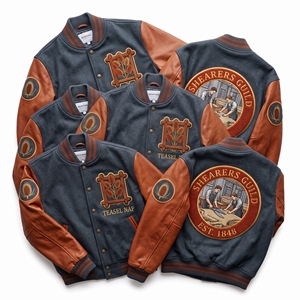 OEM Custom Varsity Letterman Jacket Wool Leather Sleeves Shearers Guild Embroidery Teasel Nap Patch Slate <b>Coat</b> - Product Image 1