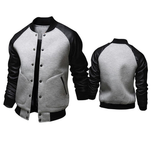 เสื้อแจ็คเก็ตวาร์ซิตี้สีเทาสำหรับผู้ชาย แขนเสื้อหนัง PU สีดำ ปกเสื้อพับได้ สไตล์ลำลอง ทรงปกติ เหมาะสำหรับใส่ในฤดูใบไม้ร่วง - Product Image 4