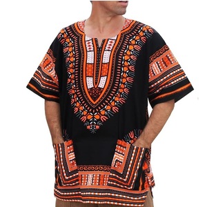 Chemises Dashiki africaines tribales de style village culturel, à col en V, avec broderie, impression et patchwork, à motifs color block, et T-shirts sublimés - Product Image 6