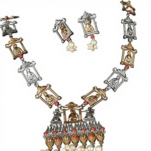 Conjunto de Collar y Pendientes de Latón Bañado en Oro Bicolor con Engaste de Bisel y Moissanita, Estilo Bohemia, para Mujer, Novia, Amantes, Compromiso - Product Image 1