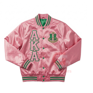 Blouson universitaire rose-vert en satin, style bomber, pour femme, brodé, vêtement grec universitaire, style universitaire, pour sororité - Product Image 5
