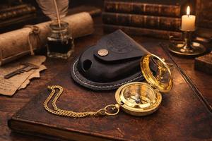 Pocket Polish MAGNESIA Sundial <b>Compass</b> Vintage Leather Case <b>Chain</b> Push Open 5.08 cm Steampunk Accessory Beautiful Gift - Product Image 4