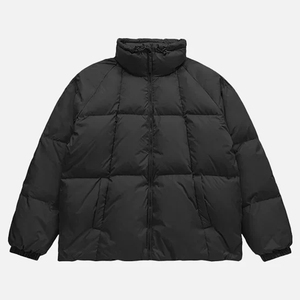Blouson matelassé noir à capuche pour homme, col montant, écologique, rembourré en polyester, coupe-vent, fermeture éclair, décontracté, hiver, coupe ample - Product Image 1