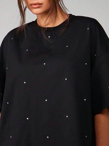 <b>Top</b> Selling OEM Custom Design Logo Black <b>Rhinestone</b> Crystal Women T-Shirt Cotton Blend Breathable Streetwear T Shirts For Women - Product Image 6