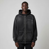 Sweat-shirt à capuche zippé noir pour homme, brodé et clouté, 100% coton, streetwear d'hiver, style punk gothique, veste zippée intégrale