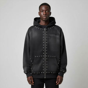 Mens Black Embroidered Studded Zip-Up Hoodie 100% Cotton Winter Streetwear Punk <b>Gothic</b> Full-Zip Sweatshirt <b>Jacket</b> - Product Image 4