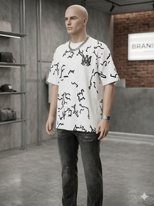 Camiseta Blanca de Manga Corta para Hombre con Estampado de Letras Brillantes y Pedrería, Cuello Redondo, Ajuste Oversize, Tejido Casual de Seda Transpirable - Product Image 2