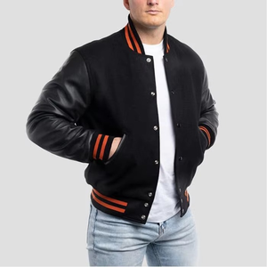 Chaqueta Bomber Varsity de Invierno Unisex Personalizada de Alta Calidad con Letras del Equipo, 100% Lana, Negra, con Capucha y Diseño Geométrico de Dibujos Animados - Product Image 1