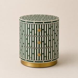 Modern Round Resin Inlay Wardrobe Green White Stripe Pattern Three Drawer Gold Base Living Room Home Hotel Furniture - Product Image 1