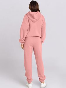 Women <b>Pink</b> Hooded <b>Tracksuit</b> Full Length Loose Fit Solid Color Casual Sweatshirt And Pants Set With Drawstring Closure - Product Image 3