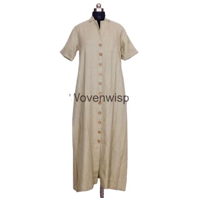 Vestido casual feminino de verão de alta qualidade com decote em V linha A, vestido longo solto midi de tecido de linho e algodão com decote em V para mulheres