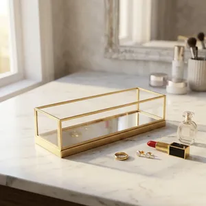 Brass Framed Glass Lacquered Storage Tray Rectangle Modern Design Single Tier Mirror Base <b>Vanity</b> <b>Table</b> Organizer Jewelry - Product Image 2