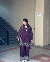 Ensemble Kurta en soie brodée violette pour femme, coupe ample, style traditionnel indien pakistanais, longueur cheville, idéal pour les fêtes
