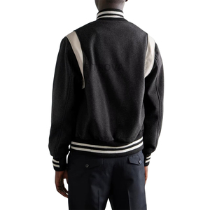 Men's Varsity Jacket Black Wool Polyester Preppy Style <b>Button</b> Front Regular Fit Autumn Wear - Product Image 2