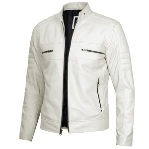 URBANGAZER Men's White Polyester Moto <b>Jacket</b> Stand Collar Covered Button <b>Slim</b> <b>Fit</b> Regular Sleeve Solid Color Windproof <b>Jacket</b> - Product Image 3