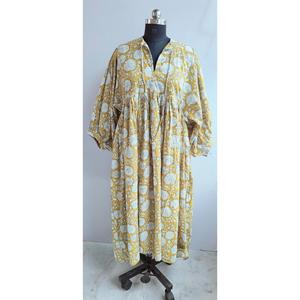 Vintage Yellow Floral Block Print Cotton Midi <b>Dress</b> with Puff Sleeves Tie-Neck <b>Loose</b> Fit Casual Summer <b>Dress</b> For Women - Product Image 1