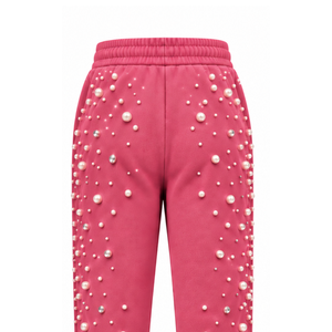 Pantalon de jogging rose perlé pour femme, luxueux, orné de perles, avec cordon de serrage, style streetwear décontracté, en molleton avec poches - Product Image 4