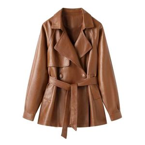 <b>Women</b> PU Leather Logo Breathable Double Breasted Waist-Tied Eco-Friendly Jacket <b>Women</b> Loose Black Brown Woven <b>Coat</b> <b>Spring</b> wear - Product Image 5