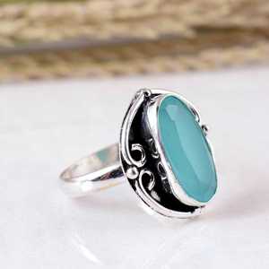 Anillo de boda unisex de plata de ley 925 con calcedonia acuamarina, hecho a mano, estilo bohemio vintage, oxidado. - Product Image 2