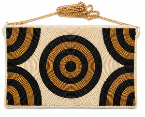 Bolso de mano de noche con cuentas hecho a mano – Diseño geométrico circular en negro y dorado – Elegante bolso de hombro con cuentas – Bolso de mano llamativo con cuentas - Product Image 1